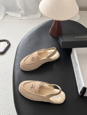 CHANEL 26S SLINGBACK LOAFERS IN BEIGE SUEDE AND SHEARLING LINING