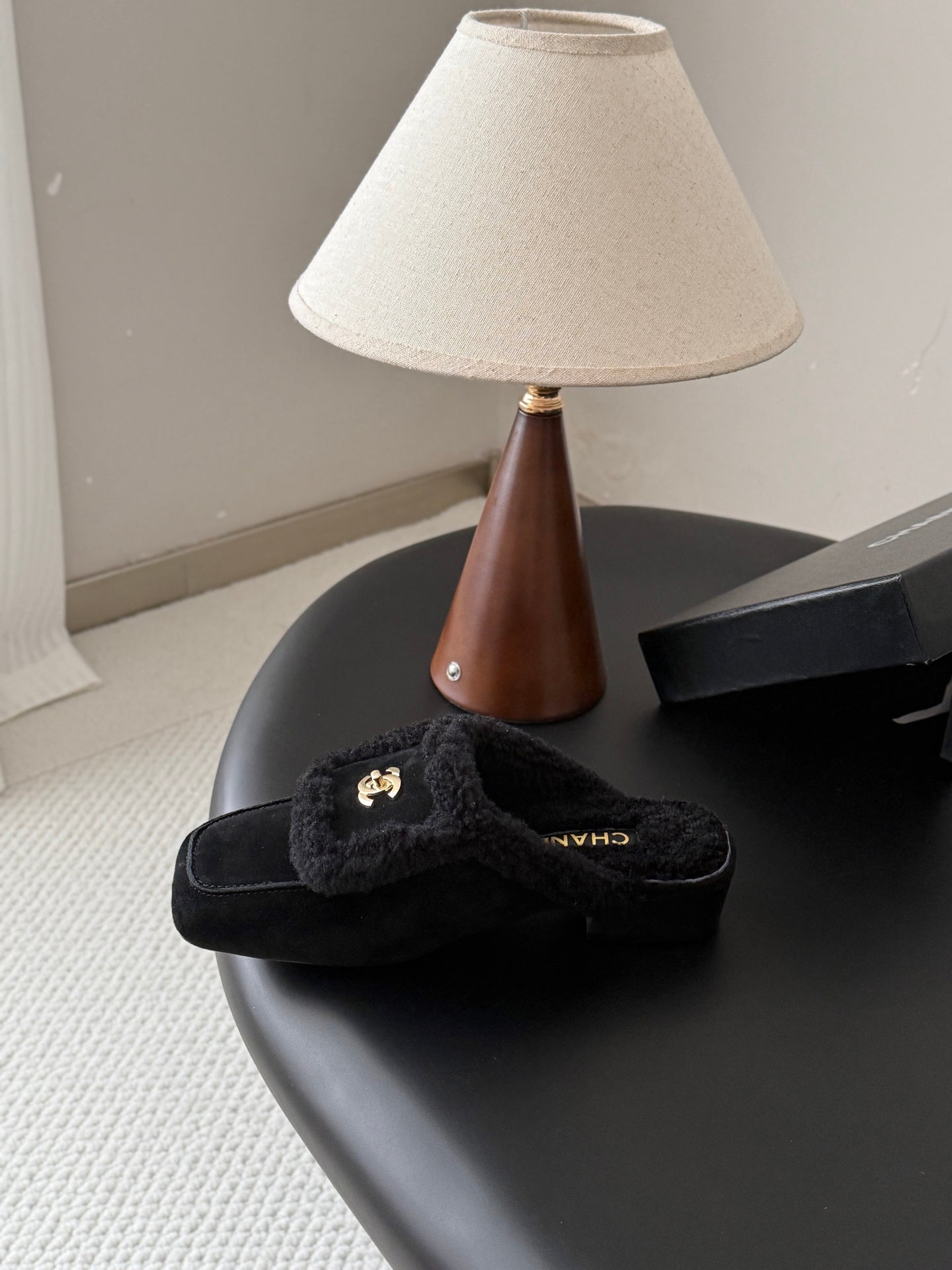 CHANEL 26S MULES IN BLACK SHEARLING AND SUEDE