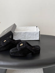 CHANEL 26S MULES IN BLACK SHEARLING AND SUEDE