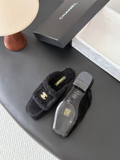 CHANEL 26S MULES IN BLACK SHEARLING AND SUEDE