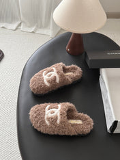 CHANEL 26S SLIDE SANDALS IN TAUPE BROWN SHEARLING UPPER AND LINING WITH WHITE CC LOGO