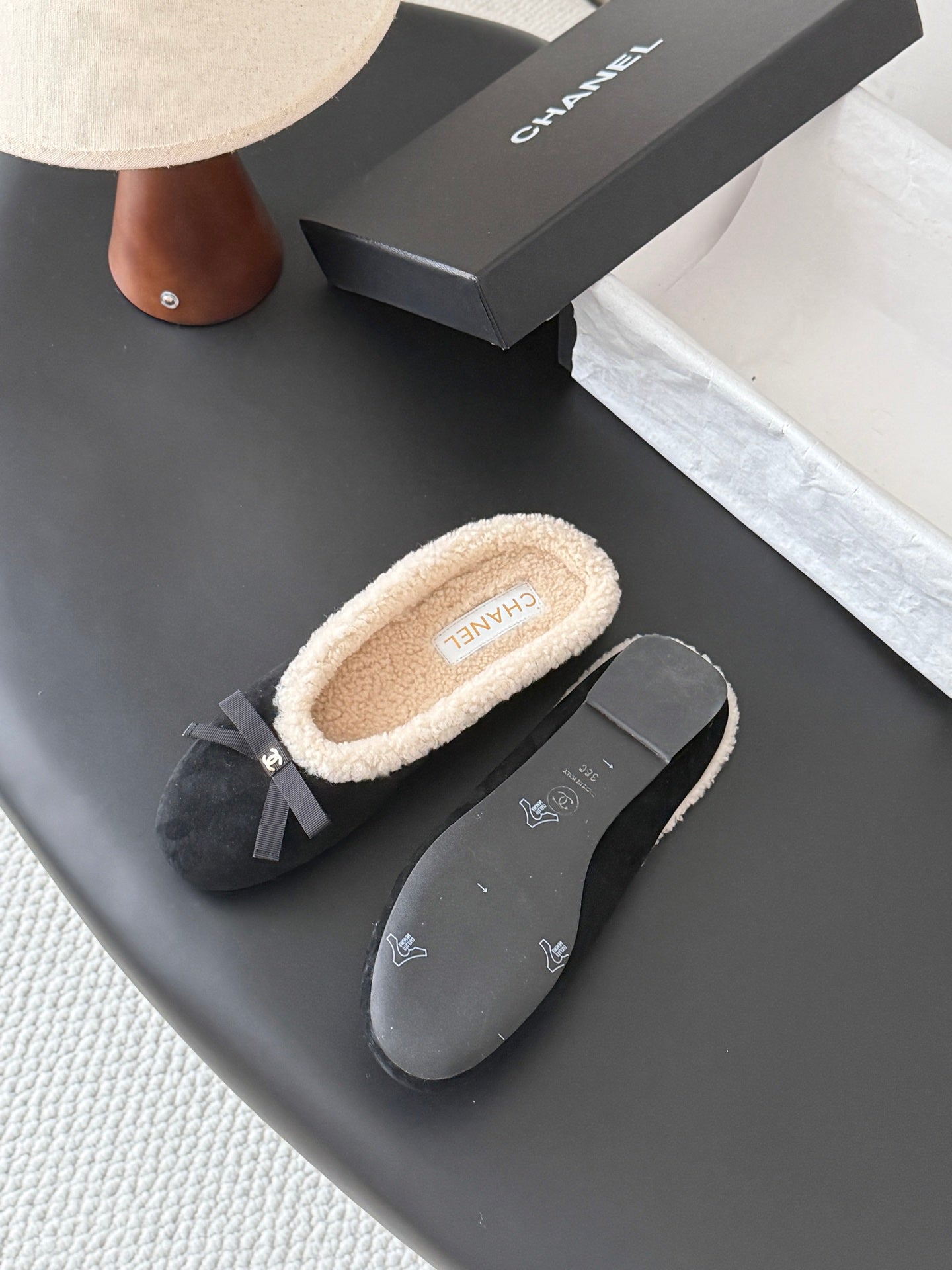 CHANEL 26S MULES IN BLACK SUEDE AND SHEARLING