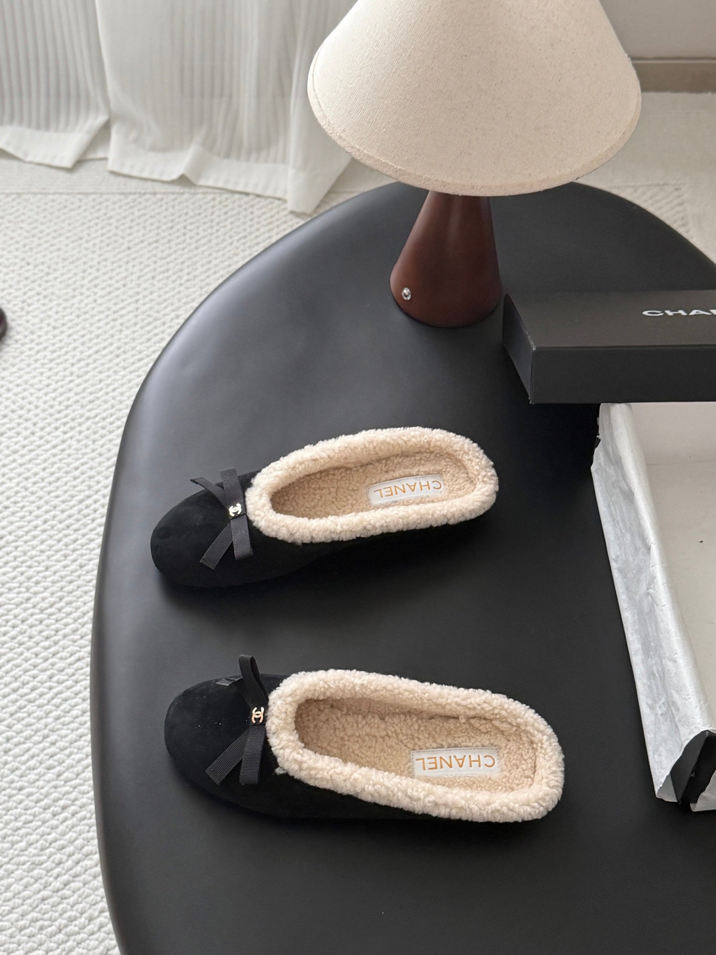 CHANEL 26S MULES IN BLACK SUEDE AND SHEARLING