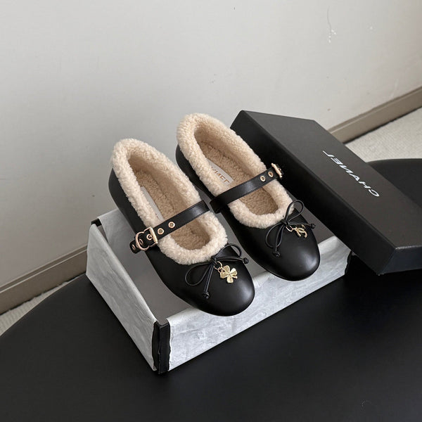 CHANEL 26S MARY JANE FLATS IN BLACK LAMBSKIN AND SHEARLING