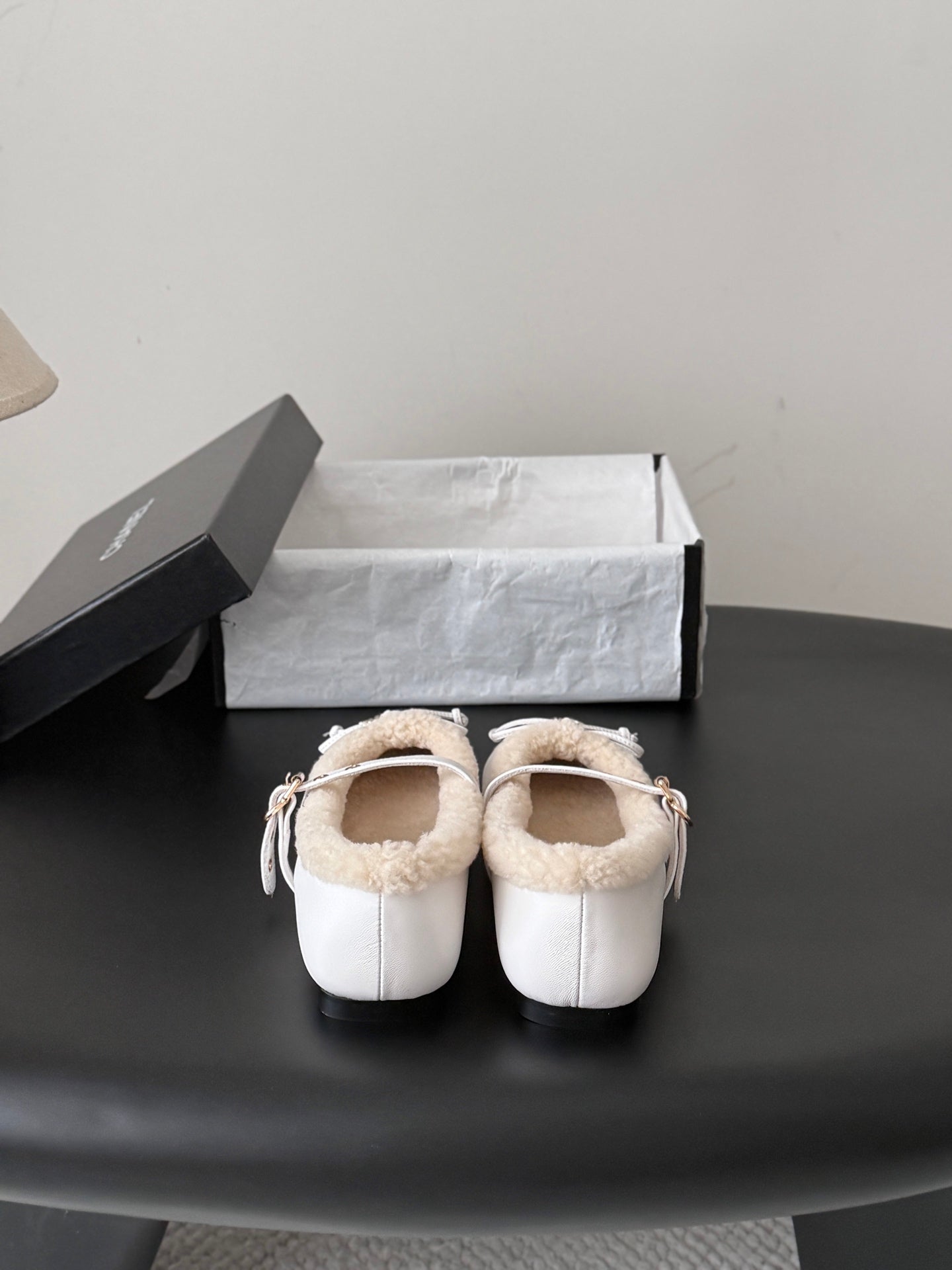 CHANEL 26S MARY JANE FLATS IN WHITE LAMBSKIN AND SHEARLING