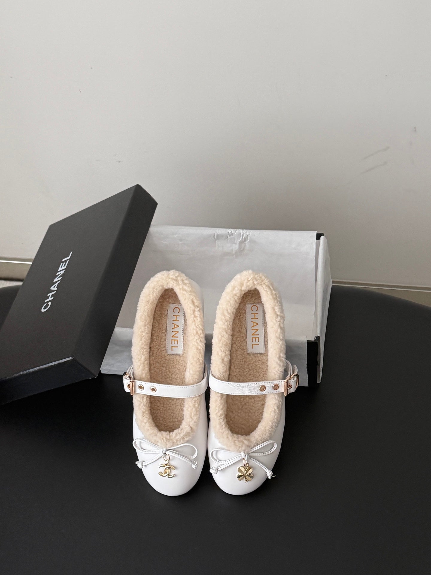 CHANEL 26S MARY JANE FLATS IN WHITE LAMBSKIN AND SHEARLING