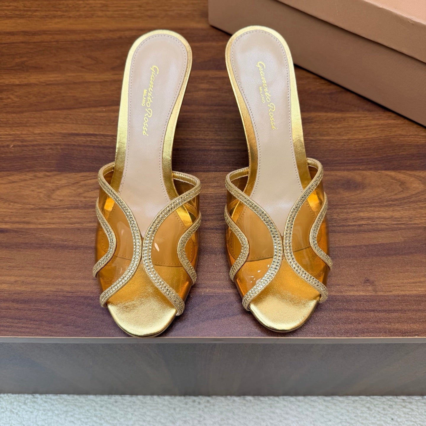 GIANVITO ROSSI 26S HIGH-HEEL SANDALS 85 MM IN GOLD PVC AND RHINESTONES