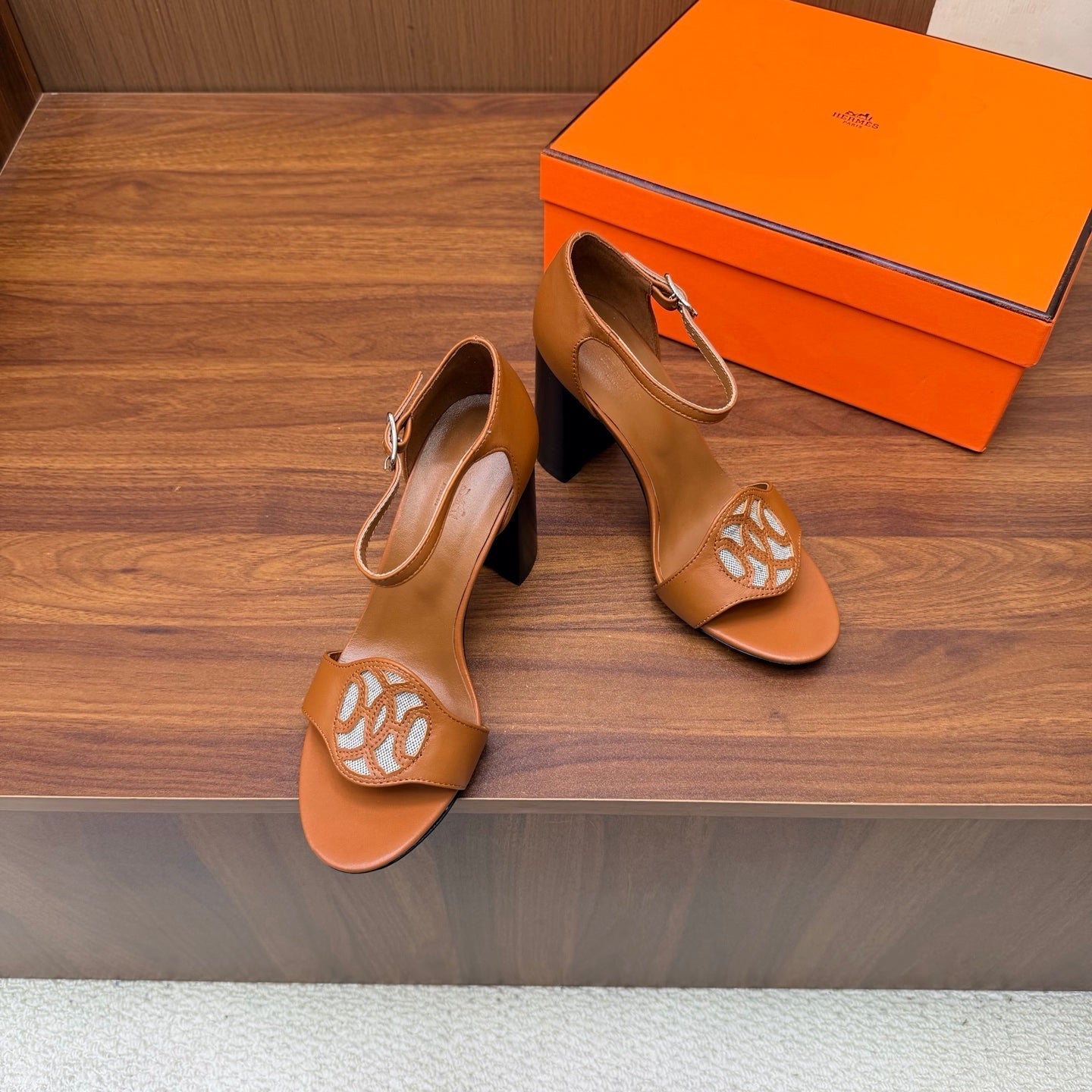 HM 26S MARQUISE SANDAL 85MM IN CARAMEL BROWN CALFSKIN