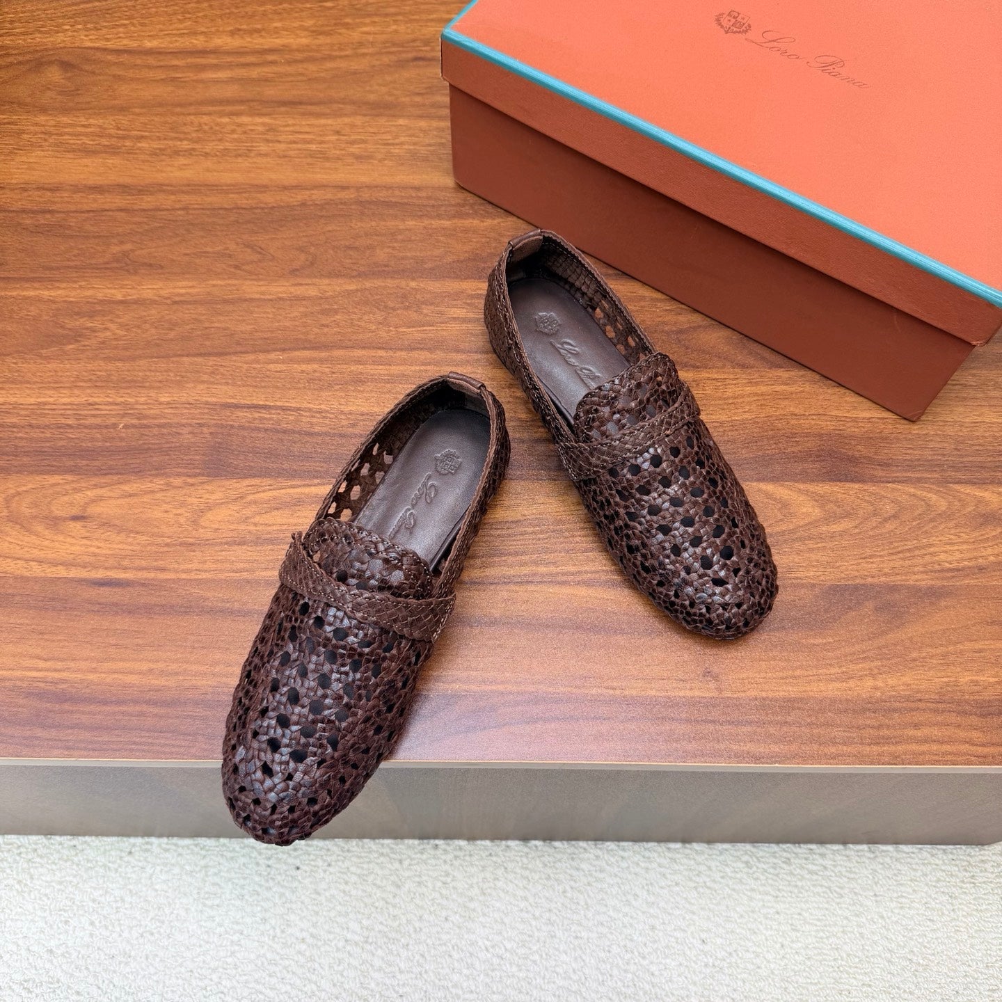 LP 26S PENNY LOAFERS IN DARK BROWN CALFSKIN WITH BASKETWEAVE DESIGN