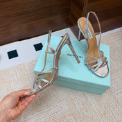AQUAZZURA 26S CRYSTAL SANDALS 100 MM IN SILVER CALFSKIN