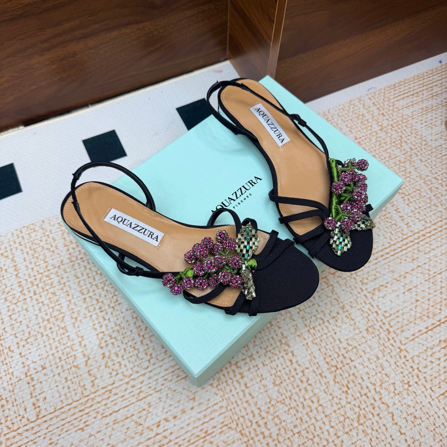 AQUAZZURA 26S CRYSTAL SANDALS IN BLACK FABRIC