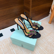 AQUAZZURA 26S HEEL SANDALS 100 MM IN BLACK FABRIC CRYSTAL FLORAL
