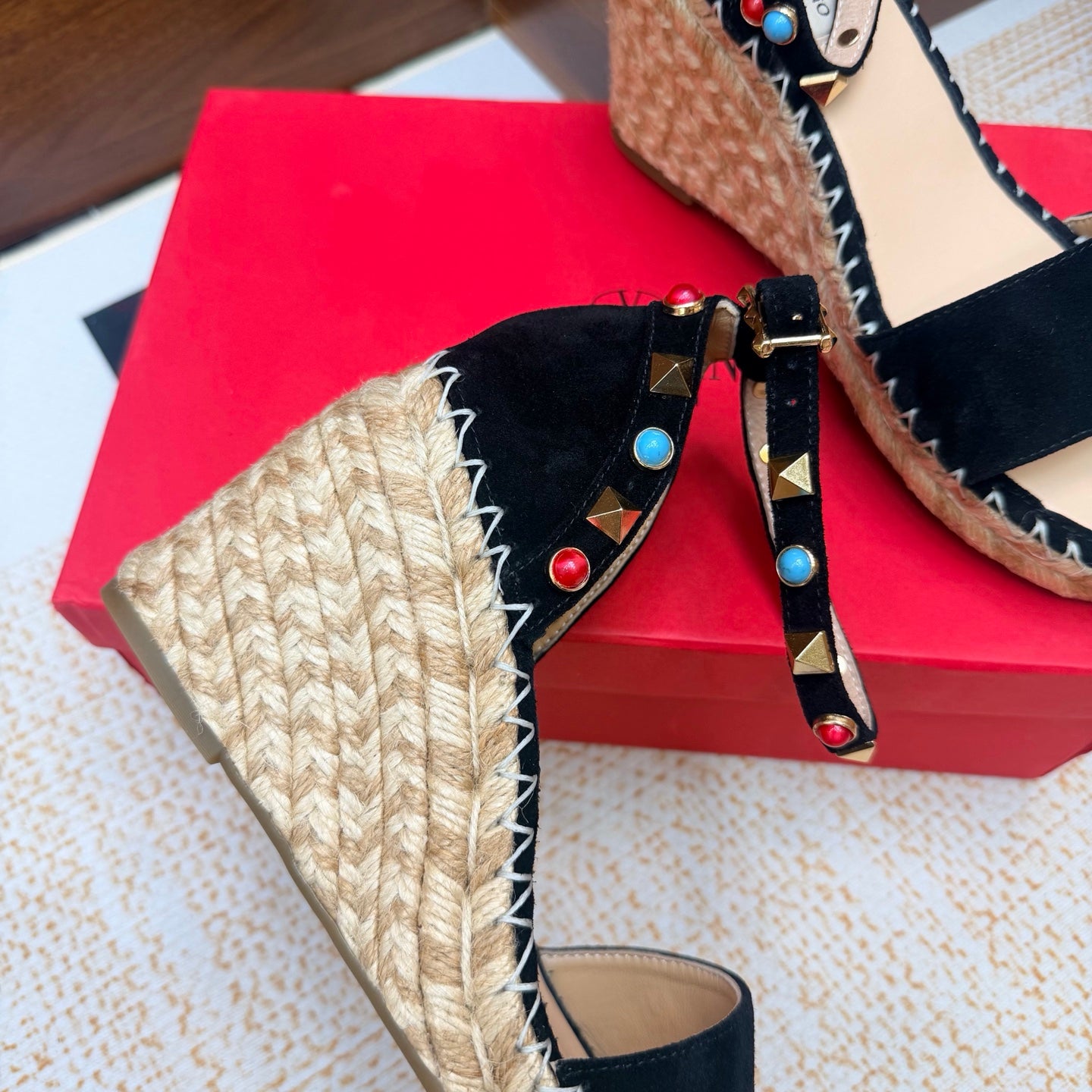 VALENTINO 26S ESPADRILLE WEDGE SANDALS 95 MM IN BLACK SUEDE WITH ROCKSTUDS