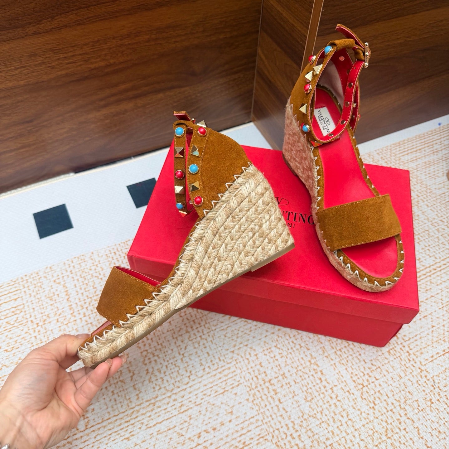 VALENTINO 26S ESPADRILLE WEDGE SANDALS 95 MM IN BROWN SUEDE WITH ROCKSTUDS