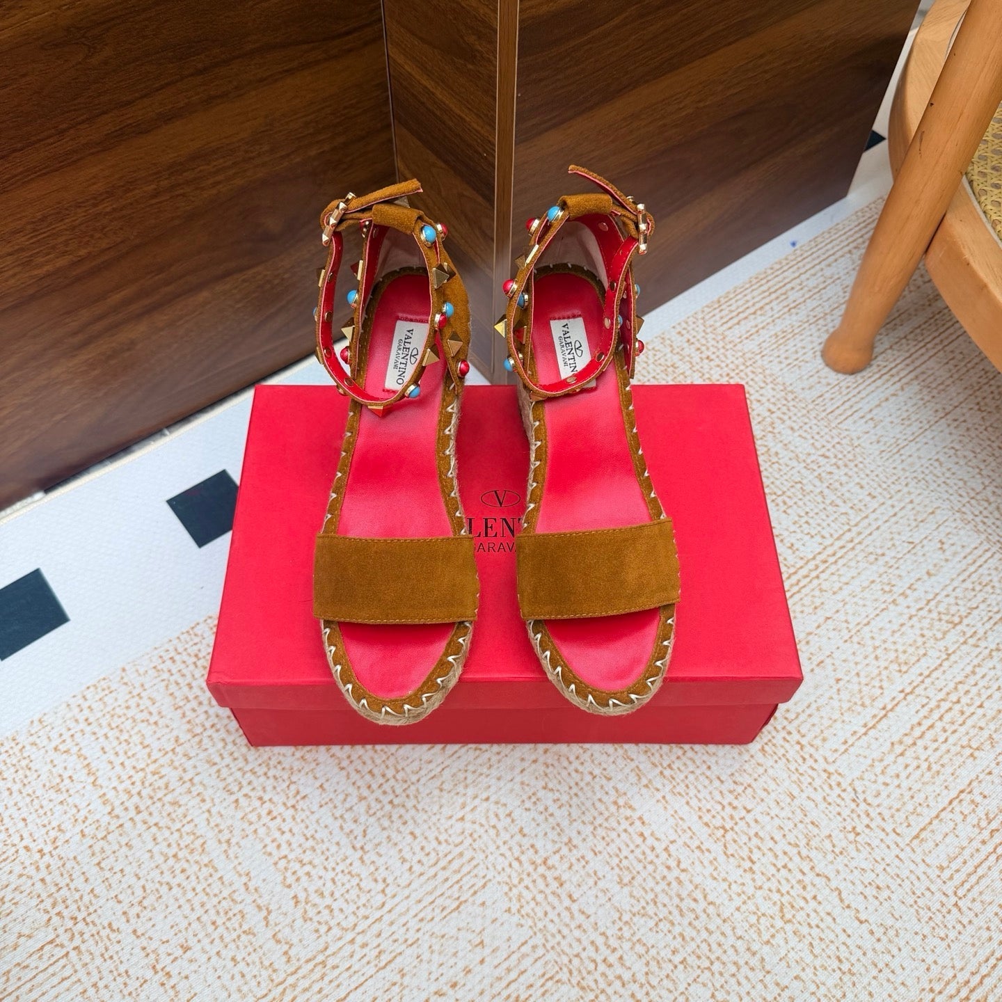 VALENTINO 26S ESPADRILLE WEDGE SANDALS 95 MM IN BROWN SUEDE WITH ROCKSTUDS
