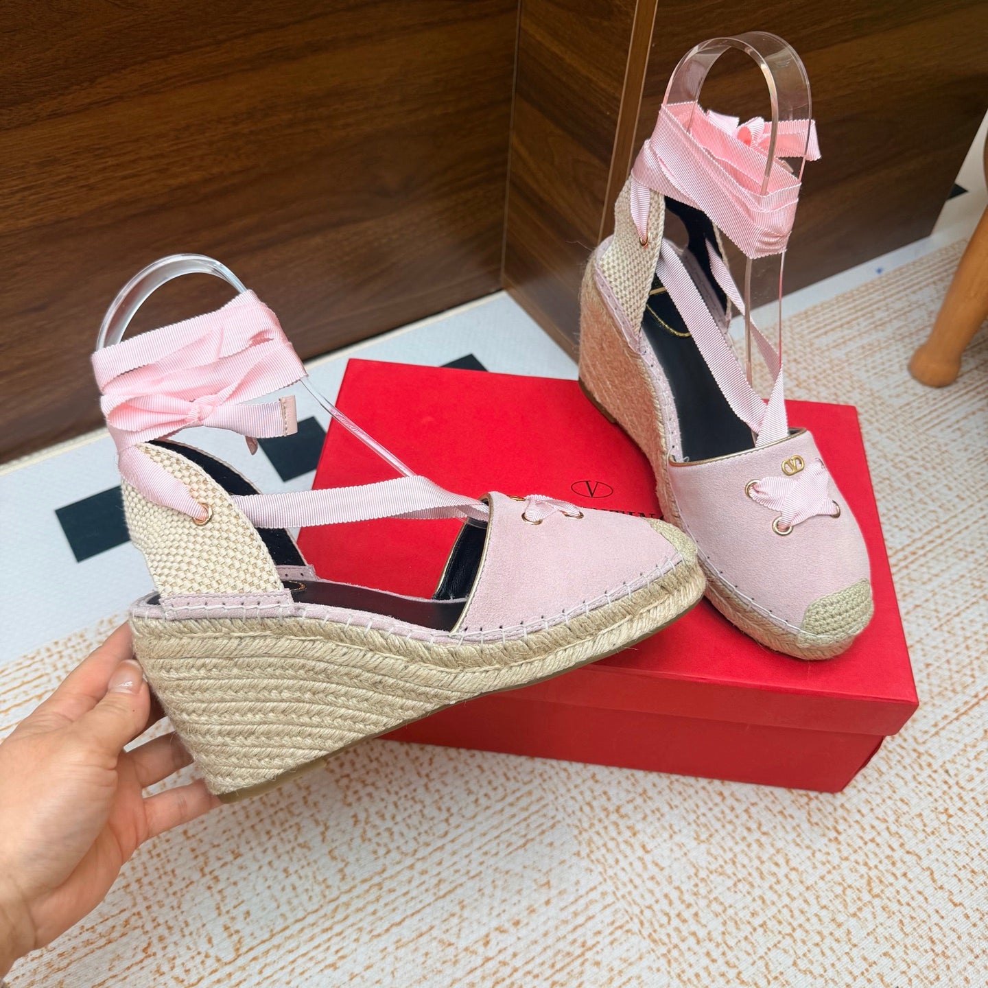VALENTINO 26S ESPADRILLE WEDGE SANDALS 95 MM IN LIGHT PINK SUEDE
