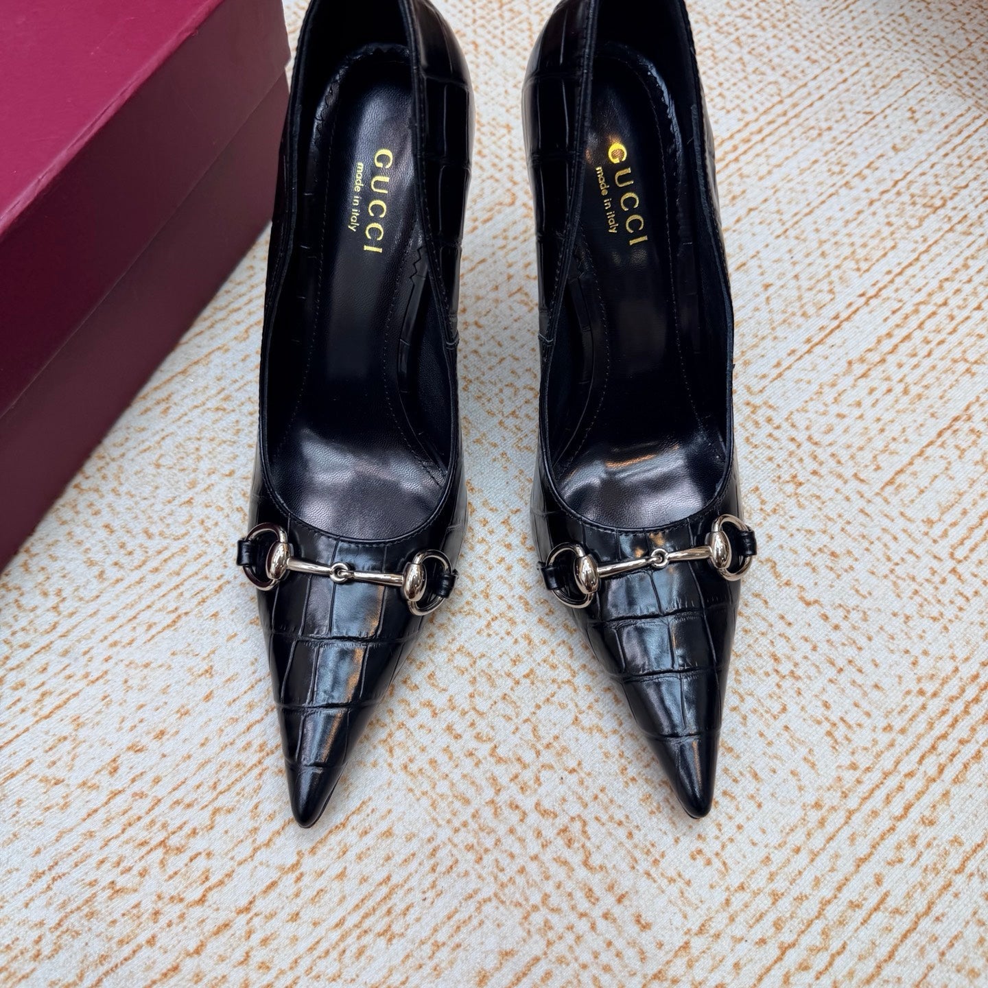 GUCCI 26S HORSEBIT PUMPS 105 MM IN BLACK CROCODILE EMBOSSED LEATHER