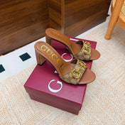 GUCCI 26S HORSEBIT HEEL SANDALS 85 MM IN BROWN MIX BEIGE GG CANVAS