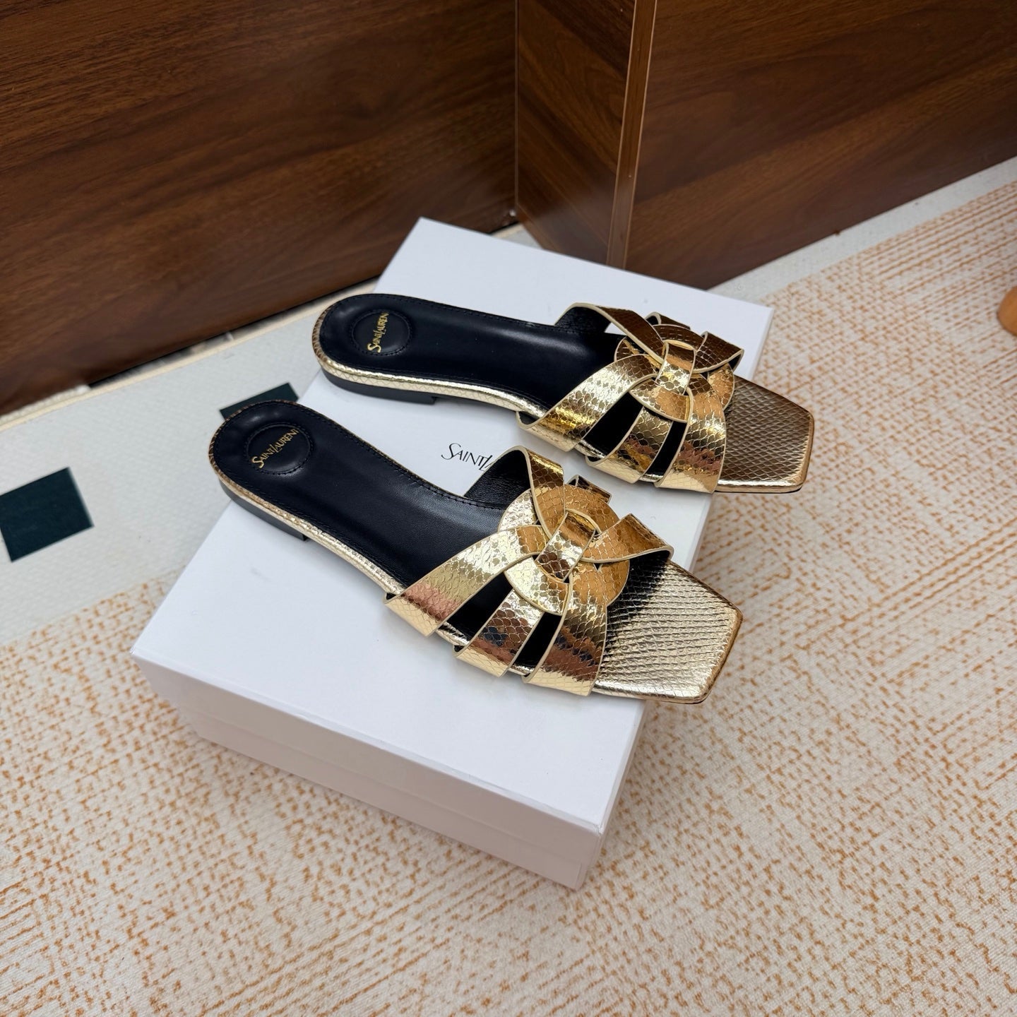 YSL 26S FLAT MULE SANDALS IN GOLD SNAKESKIN