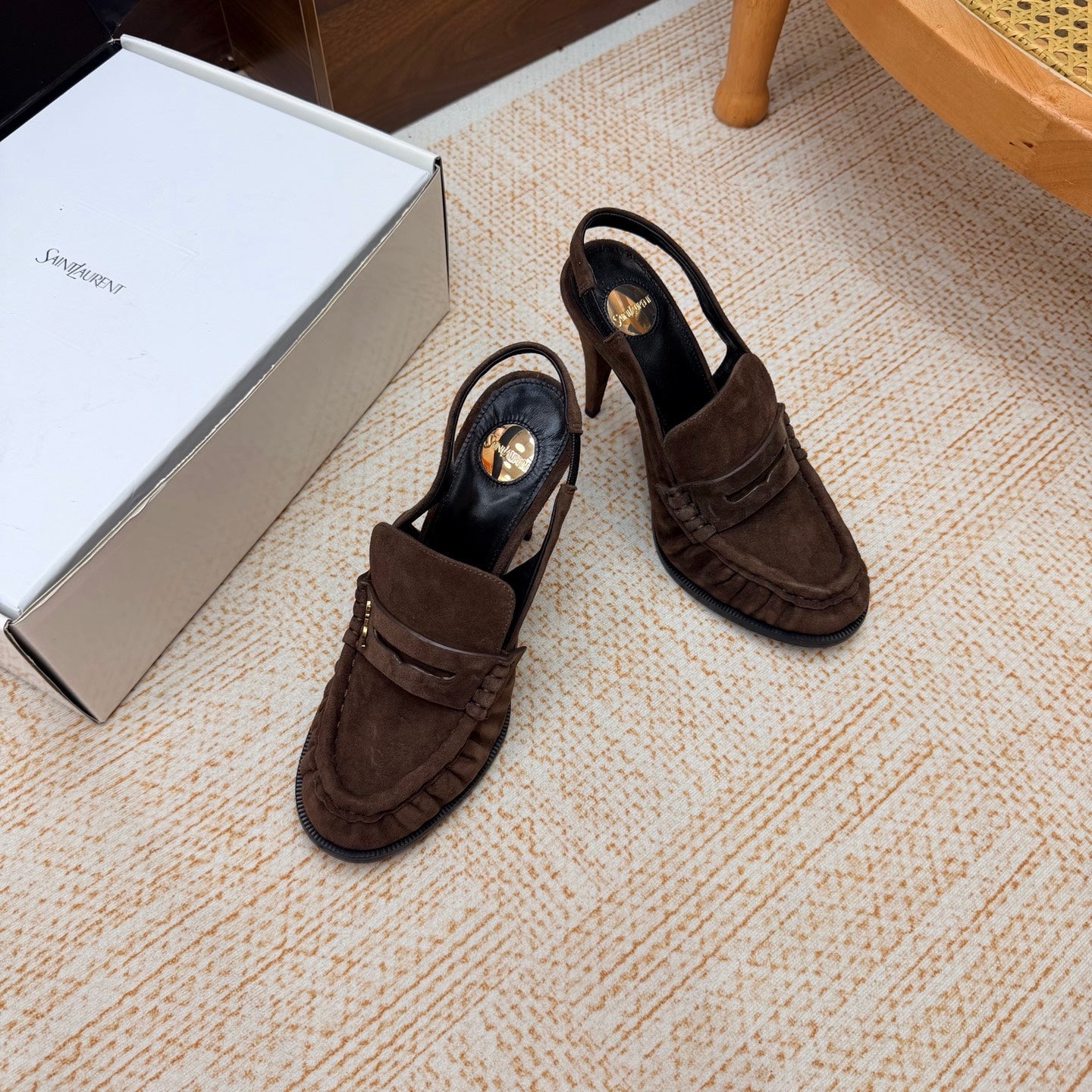 YSL 26S SLINGBACK LOAFER PUMPS 110 MM IN DARK BROWN SUEDE