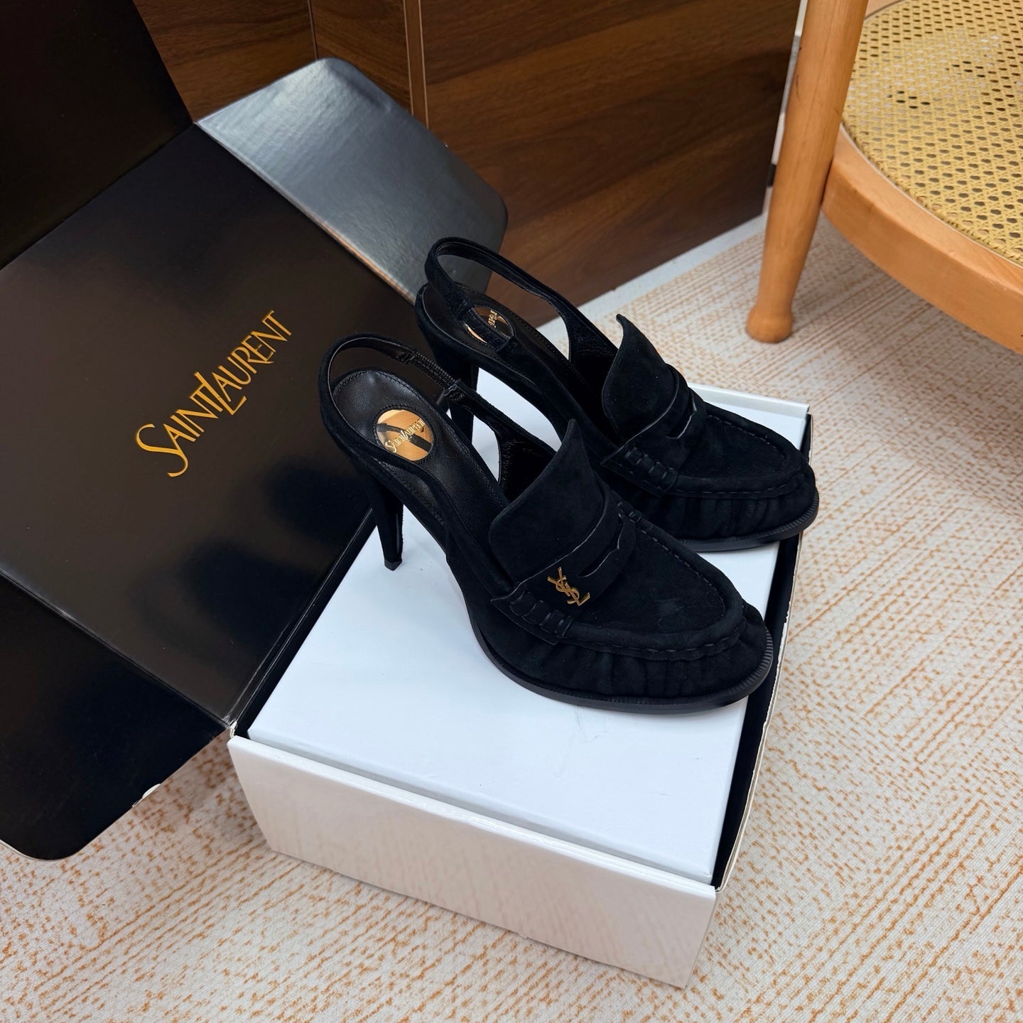YSL 26S SLINGBACK LOAFER PUMPS 110 MM IN BLACK SUEDE