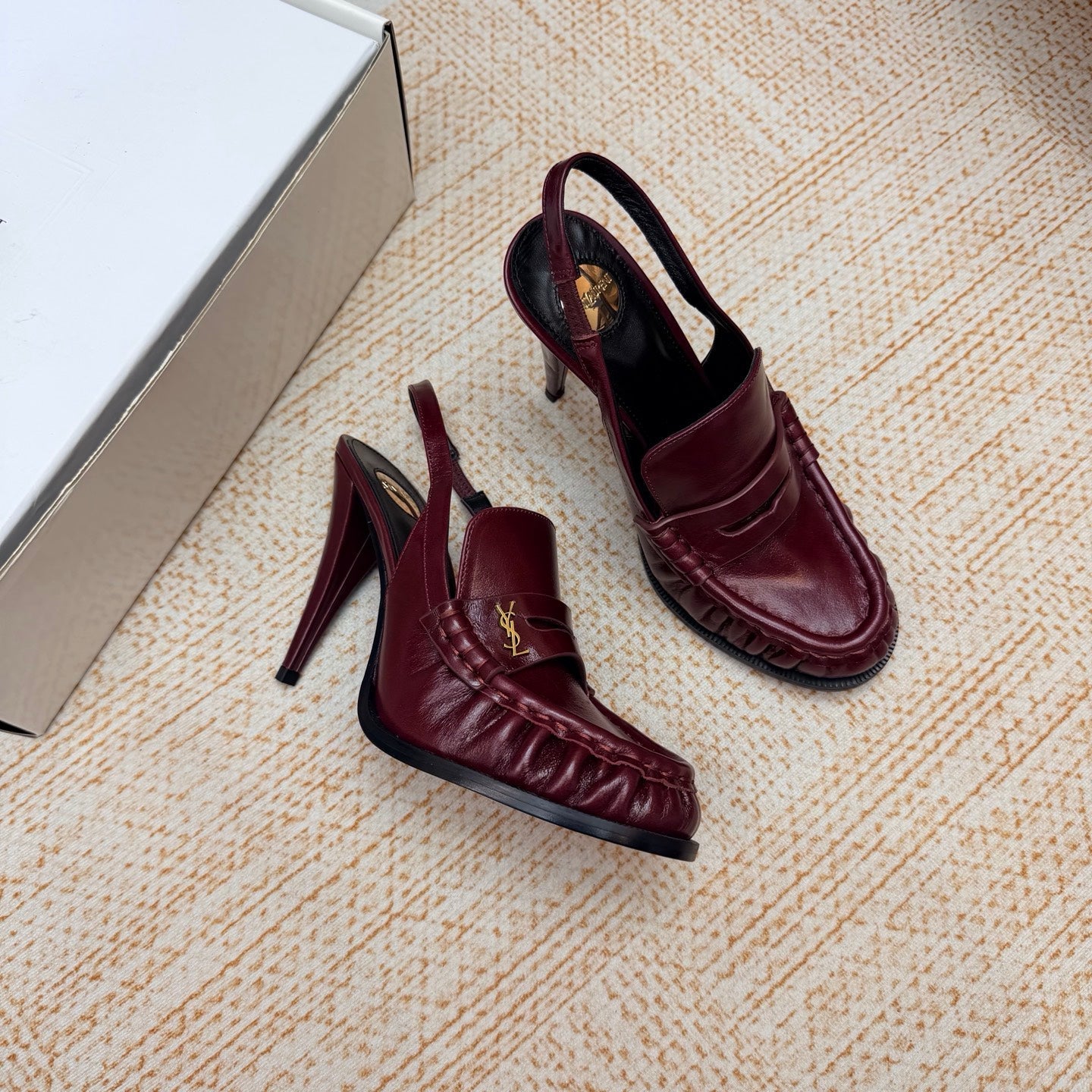 YSL 26S SLINGBACK LOAFER PUMPS 110 MM IN BURGUNDY CALFSKIN