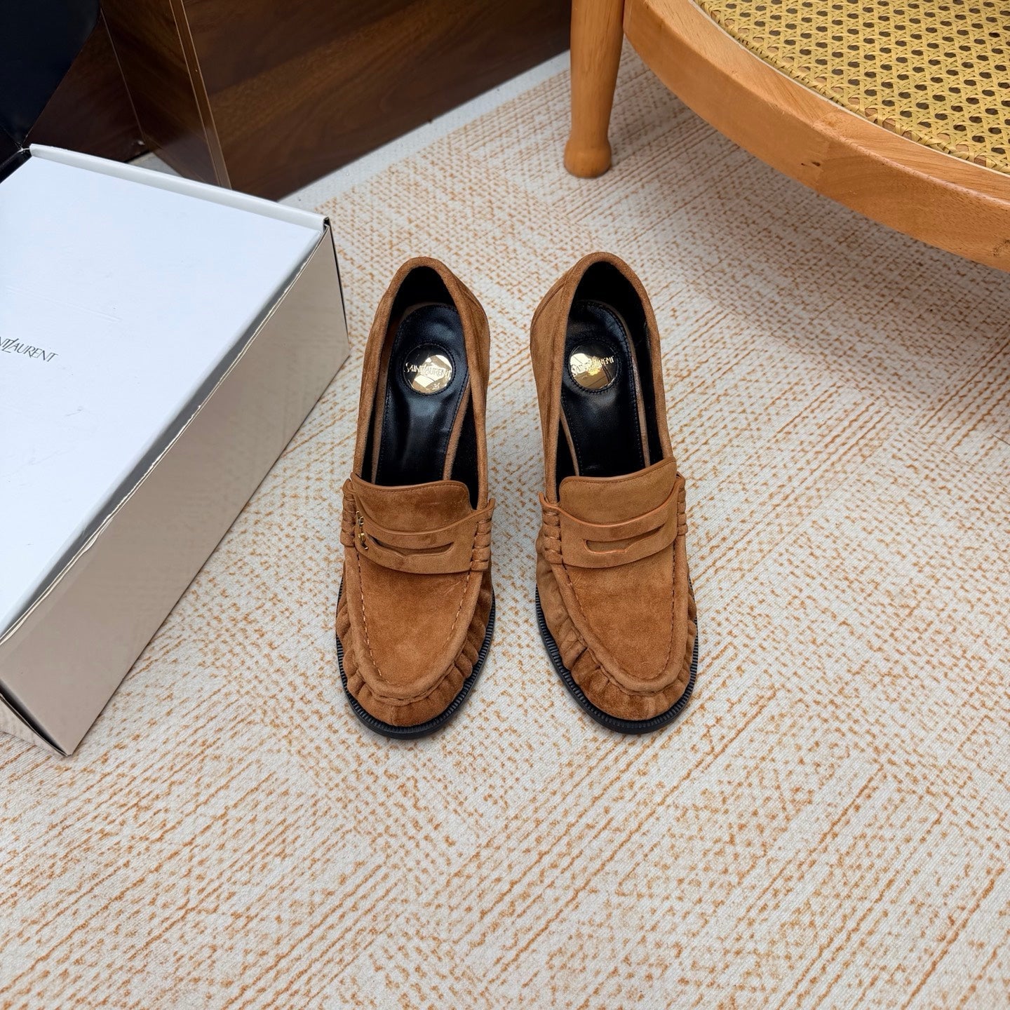 YSL 26S HIGH HEEL LOAFERS 110 MM IN LIGHT BROWN SUEDE
