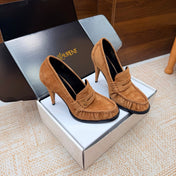 YSL 26S HIGH HEEL LOAFERS 110 MM IN LIGHT BROWN SUEDE