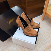 YSL 26S HIGH HEEL LOAFERS 110 MM IN LIGHT BROWN SUEDE