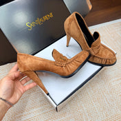 YSL 26S HIGH HEEL LOAFERS 110 MM IN LIGHT BROWN SUEDE