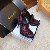 YSL 26S HIGH HEEL LOAFERS 110 MM IN BURGUNDY CROC EMBOSSED LEATHER