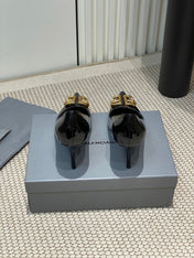 POINTED BB GOLD BUCKLE HIGH PUMPS 80MM IN BLACK PATENT CALFSKIN