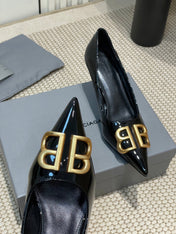 POINTED BB GOLD BUCKLE HIGH PUMPS 60MM IN BLACK PATENT CALFSKIN