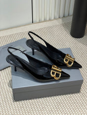 POINTED BB GOLD BUCKLE HIGH SLINGBACK 60MM IN BLACK PATENT CALFSKIN