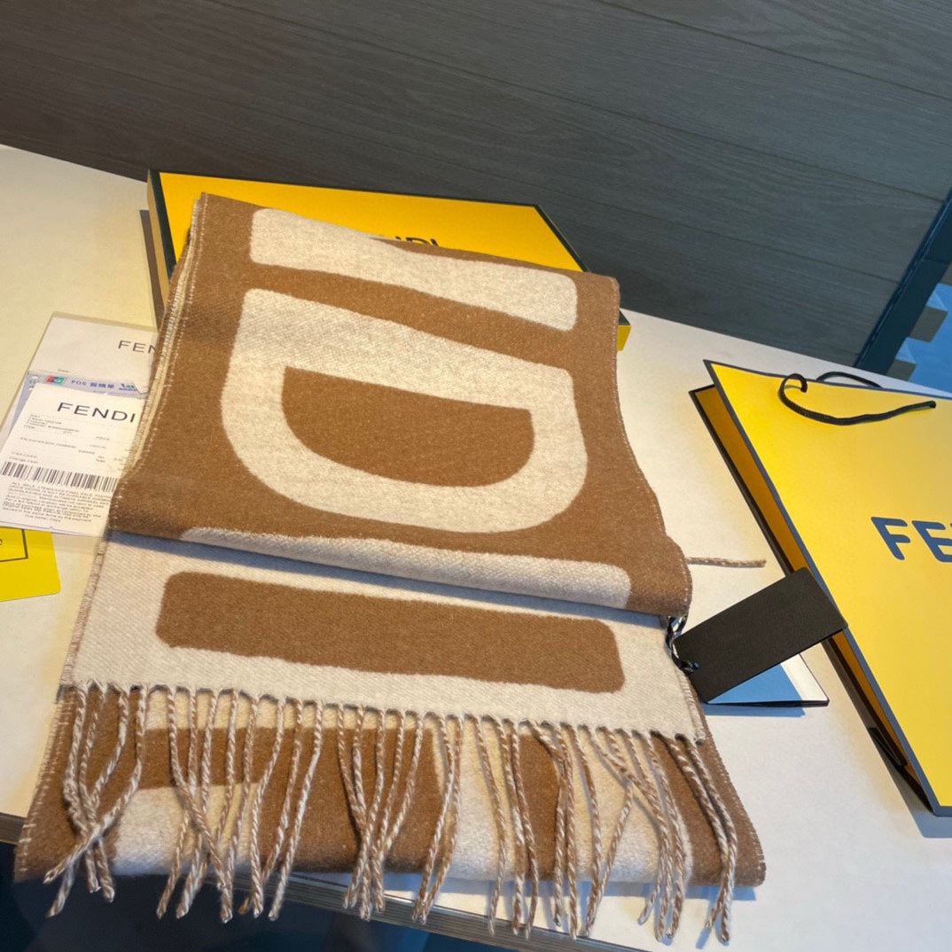 FF 185 CM SCARF IN CARAMEL BROWN MIX WHITE CASHMERE AND WOOL