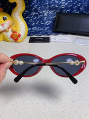 OVAL SUNGLASSES 640344 IN BLACK RED ACETATE METAL FRAME EMBOSSED PEARL