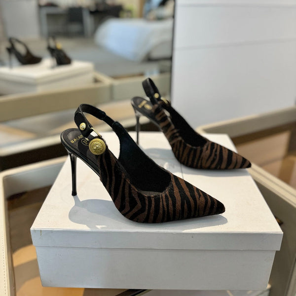 BALMAIN 25S SLINGBACK EVA 95MM IN BROWN AND BLACK ZEBRA PRINT CALFSKIN