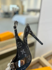 HIGH HEELS 95 MM IN BLACK MONOGRAM DENIM WITH CRYSTALS