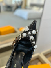 HIGH HEELS 95 MM IN BLACK MONOGRAM DENIM WITH CRYSTALS