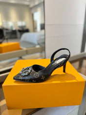 HIGH HEEL 75 MM SLINGBACK IN CHOCOLATE BROWN MONOGRAM CALFSKIN WITH CRYSTAL