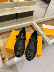 ROMY FLAT BALLERINA IN BLACK MESH PATENT CALFSKIN