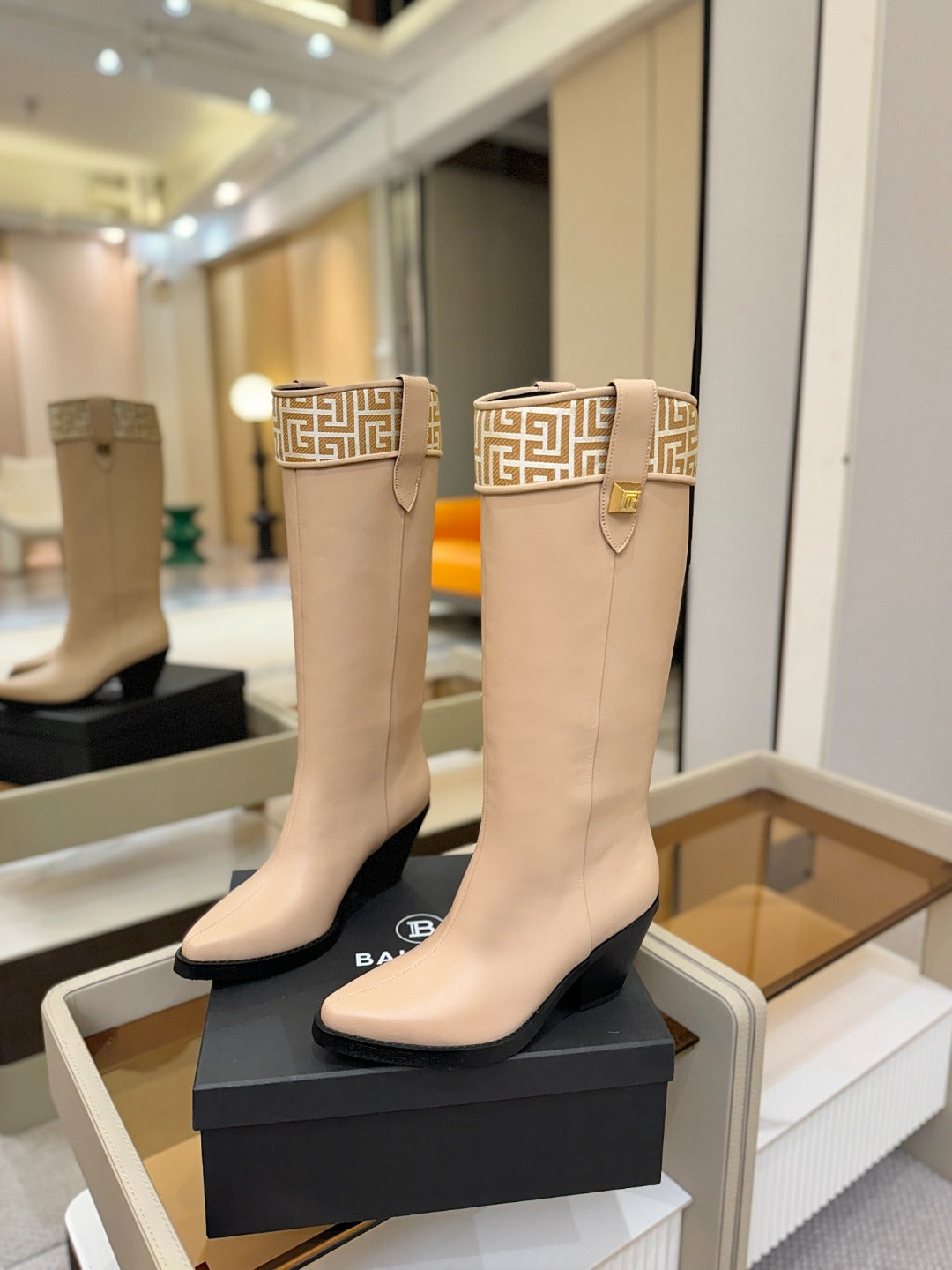 BALMAIN 26S HIGH BOOTS 65 MM IN BEIGE CALFSKIN