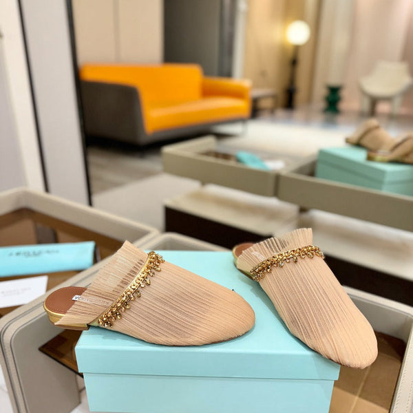AQUAZZURA 26S FLAT MULES IN BEIGE MESH CRYSTAL EMBELLISHMENTS