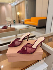 GIANVITO ROSSI 26S POINTED TOE HIGH HEELS 85 MM IN DARK RED SUEDE WITH RHINESTONE STRAP