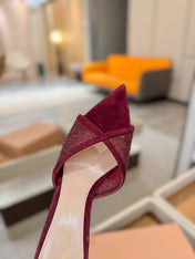 GIANVITO ROSSI 26S POINTED TOE HIGH HEELS 85 MM IN DARK RED SUEDE WITH RHINESTONE STRAP