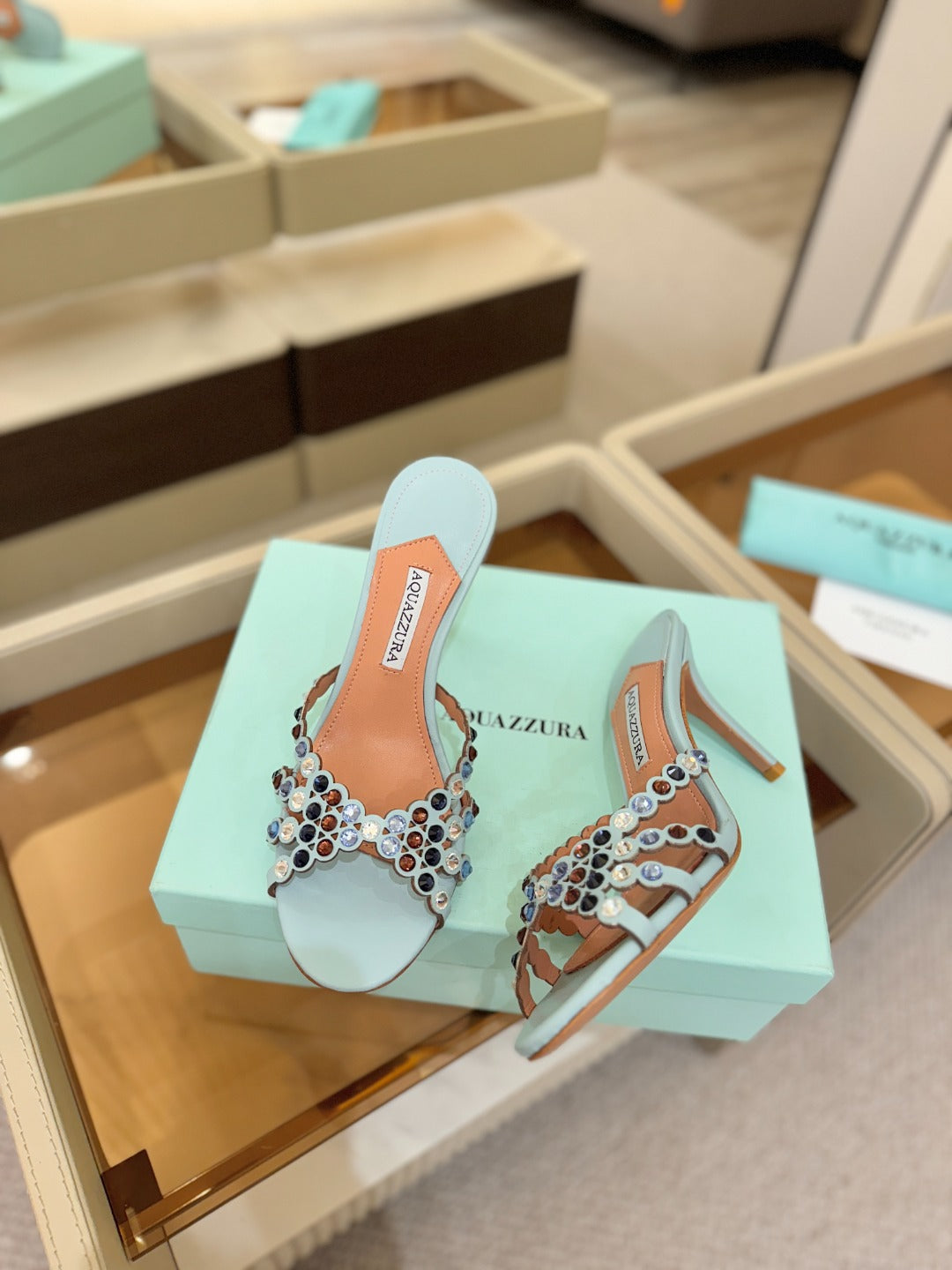 AQUAZZURA 26S TEQUILA HEELED SANDALS 85 MM IN LIGHT BLUE LAMBSKIN