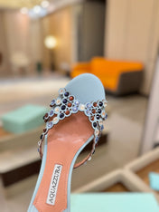 AQUAZZURA 26S TEQUILA HEELED SANDALS 85 MM IN LIGHT BLUE LAMBSKIN