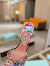 AQUAZZURA 26S TEQUILA HEELED SANDALS 85 MM IN MULTICOLOR SNAKESKIN