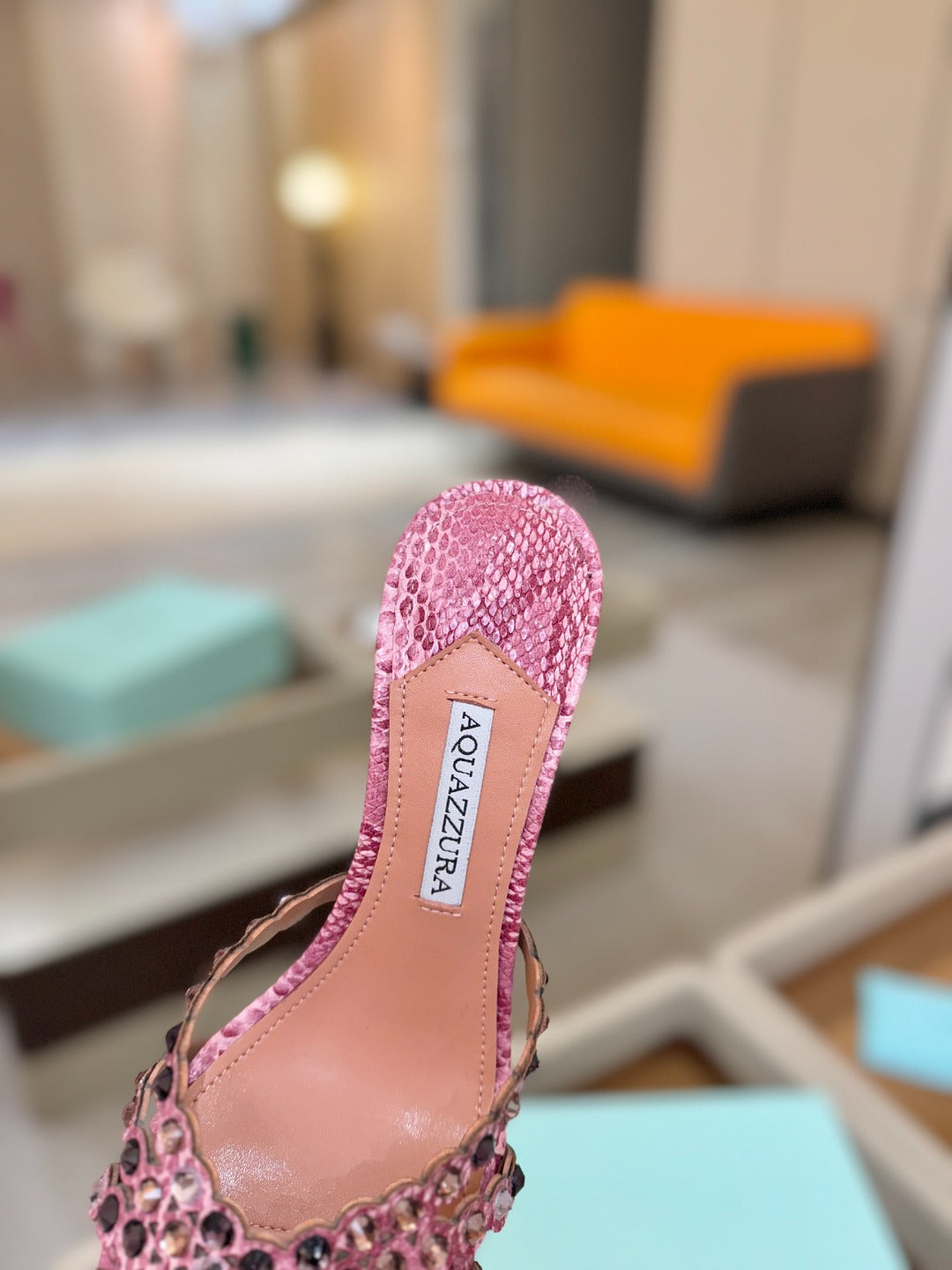 AQUAZZURA 26S TEQUILA HEELED SANDALS 85 MM IN PINK SNAKESKIN WITH MULTICOLOR CRYSTAL