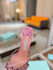 AQUAZZURA 26S TEQUILA HEELED SANDALS 85 MM IN PINK SNAKESKIN WITH MULTICOLOR CRYSTAL